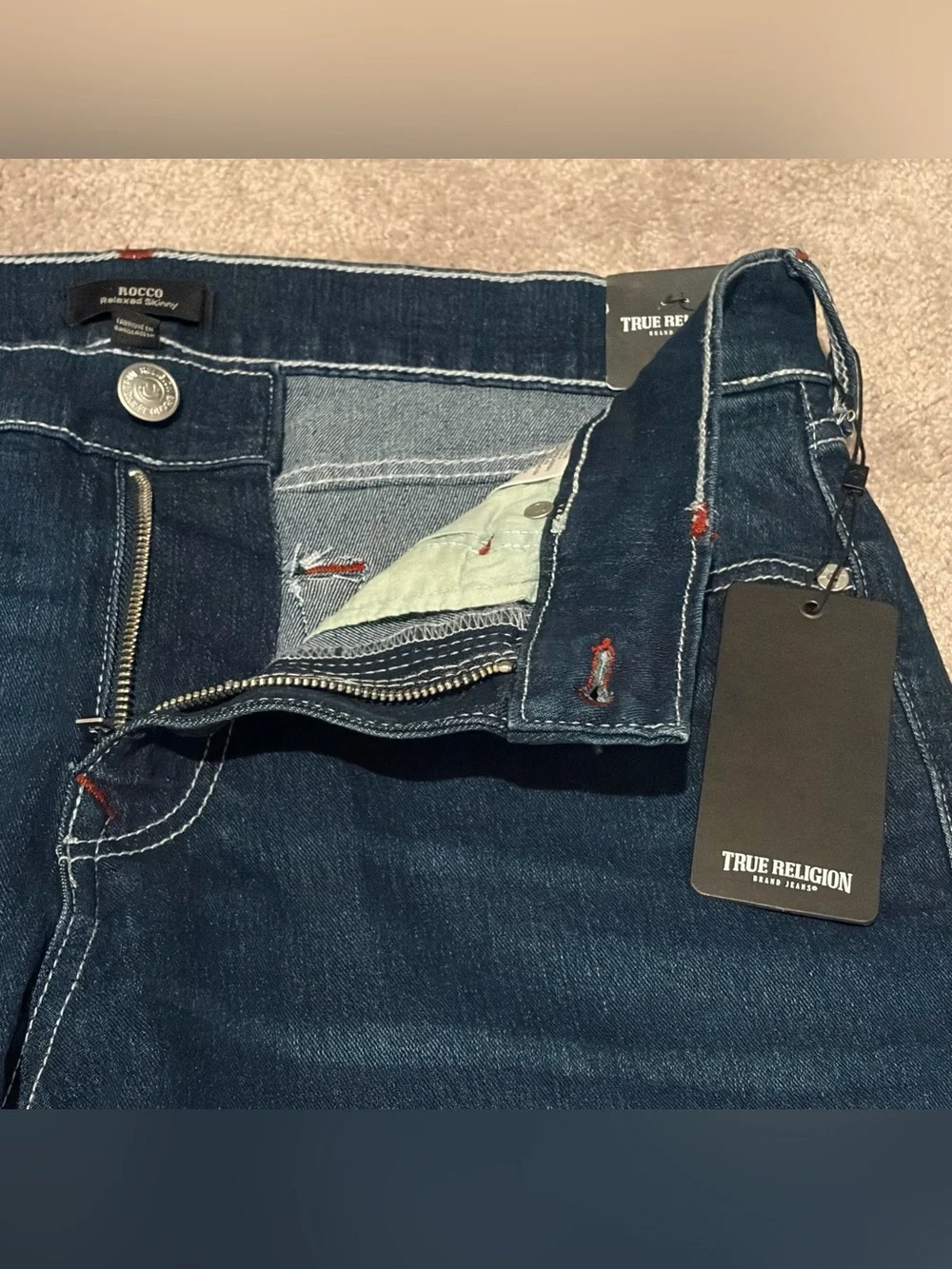 True Religion Rocco Relaxed Skinny Jeans Men’s Size 34x32 Dark Wash NWT No Flap